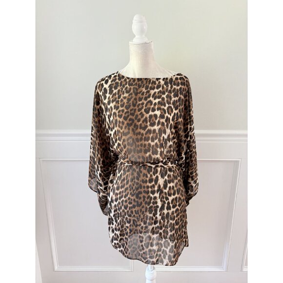 Chicos Leopard Print Sheer Caftan Top With Tie Waist Size 0 S - Picture 2 of 5